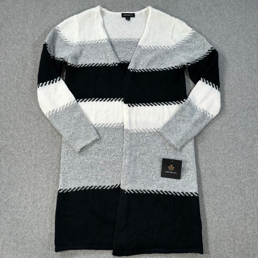 Fortune + Ivy Colorblock Stripe Open Front Cardigan Women’s Small Gray Black